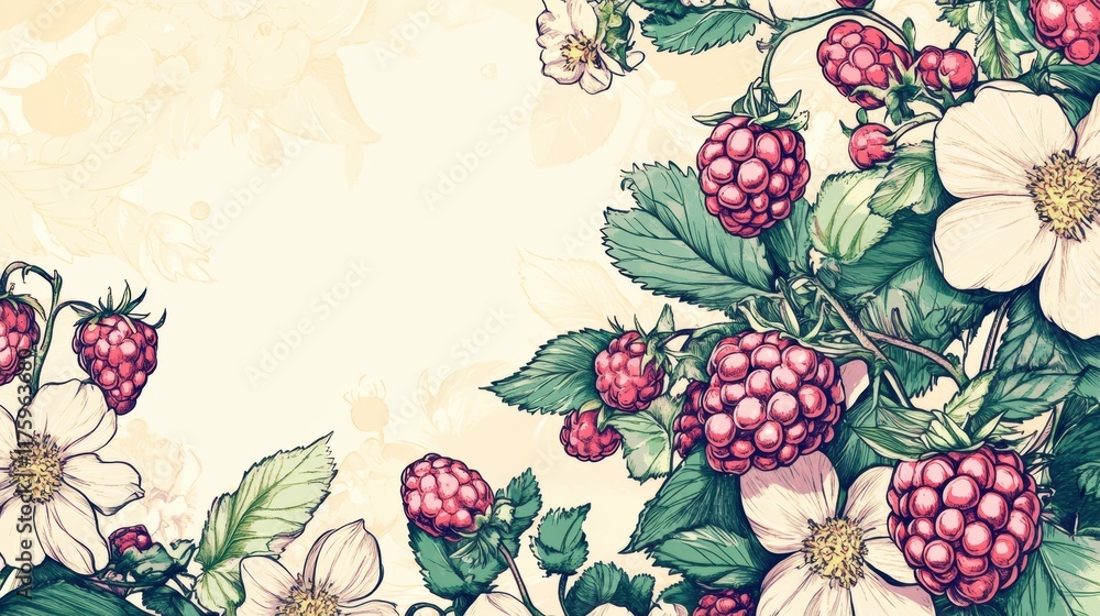 Poster Hand drawn raspberry and flower doodle capturing natures beauty and abundance near a serene spring backdrop. Generative AI
