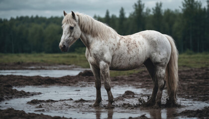 Naklejka premium White horse standing in muddy water surrounded by lush green forest under a cloudy sky