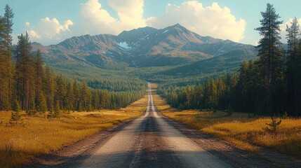 A scenic road leads through a lush landscape towards majestic mountains under a blue sky.