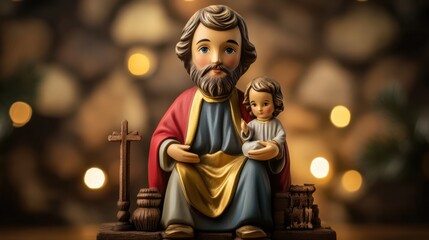 Fototapeta premium Saint joseph and child jesus figurine with cross on wooden background St. Joseph's Day