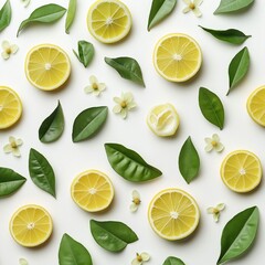 fresh citrus slices, vibrant green leaves and flower on white background