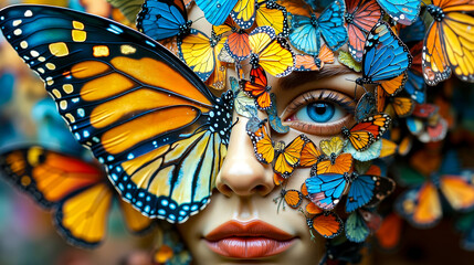 A woman with butterflies covering her face and eyes