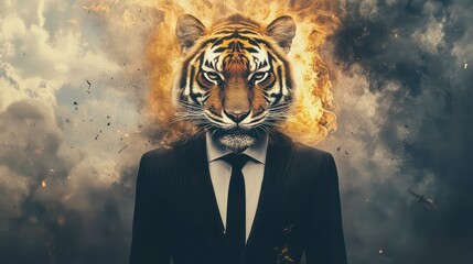 A surreal image of a tiger-headed man in a suit, depicting power and creativity.