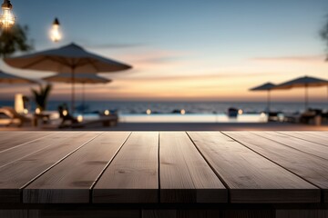 Fototapeta premium Dining experience at an empty wooden table beach club photography nighttime perspective relaxation