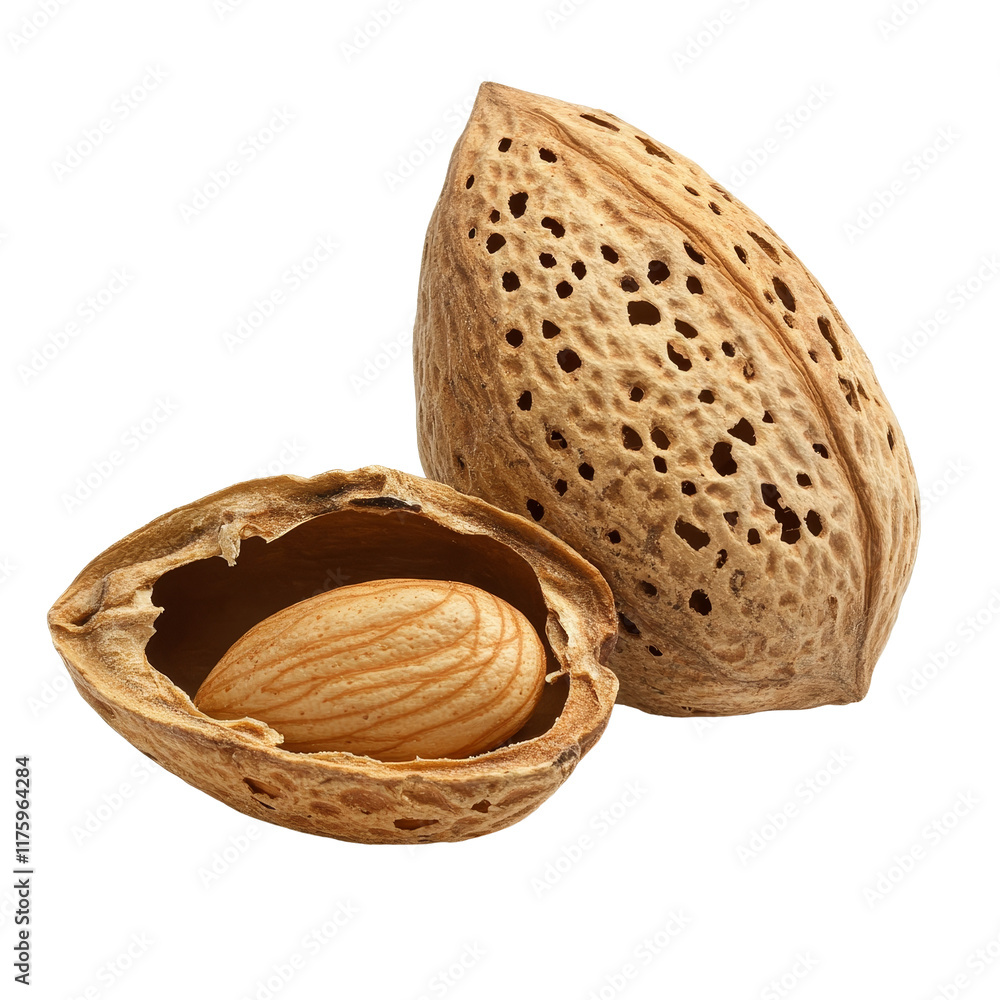 Poster almonds in their shells resting on a clean surface with a bright backdrop, almonds with shell isolat