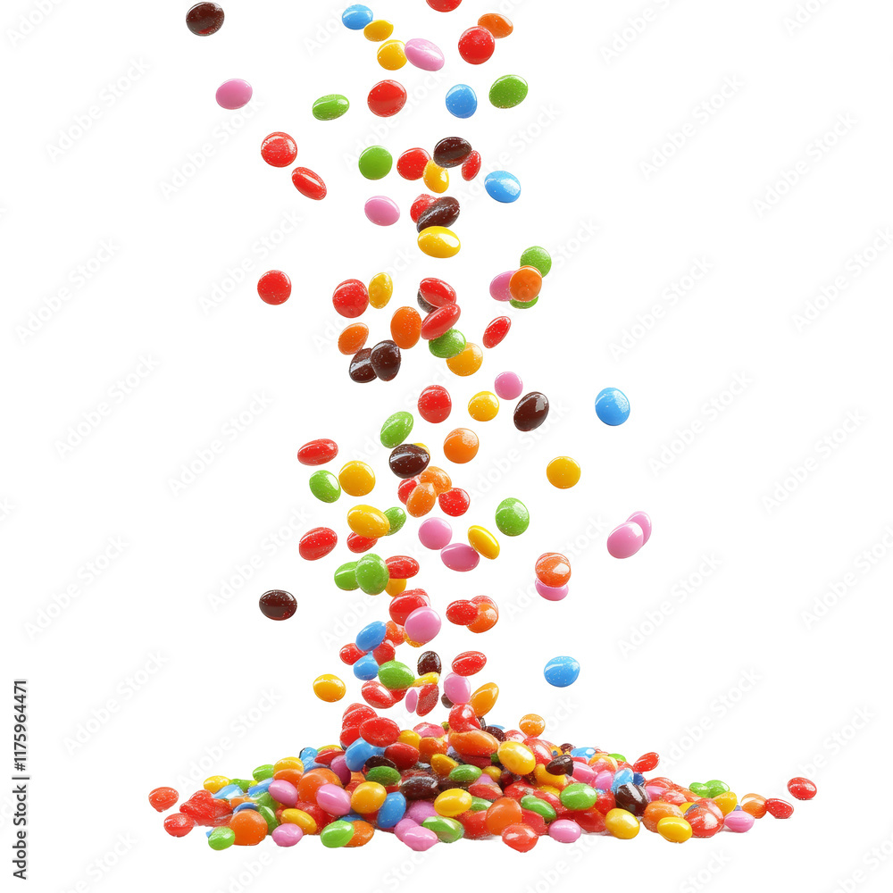Poster colorful candies falling and scattering on a transparent background creating a vibrant display, fall