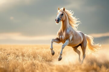 Fototapeta premium Arabian horse galopping in the wild, beautiful soft bright light