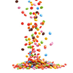 Fototapeta premium Colorful candies falling and scattering on a transparent background creating a vibrant display, falling candies isolated on transparent background