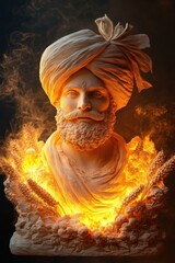 Regal statue with turban surrounded by dramatic flames and wheat