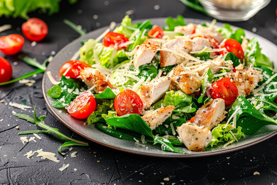 Plate of salad with chicken and tomatoes
