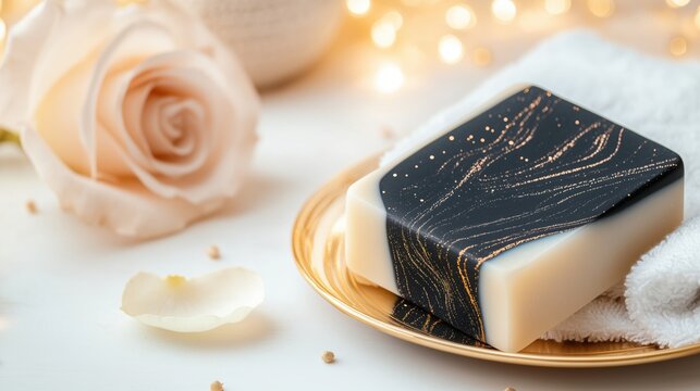 Luxurious handcrafted soap with black and gold marbled design on a golden plate. spa and beauty branding
