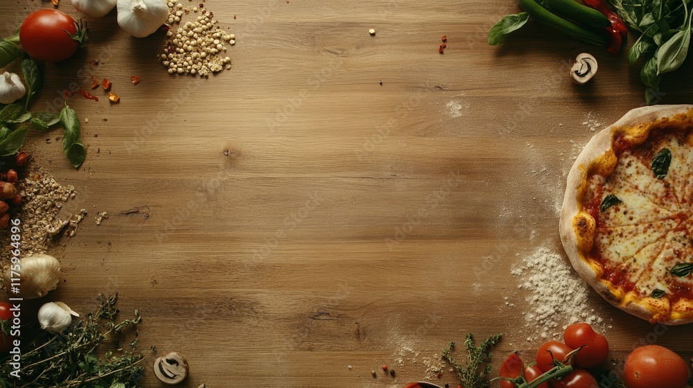 Poster freshly baked pizza rests on a wooden kitchen table, artfully arranged amidst an array of vibrant in