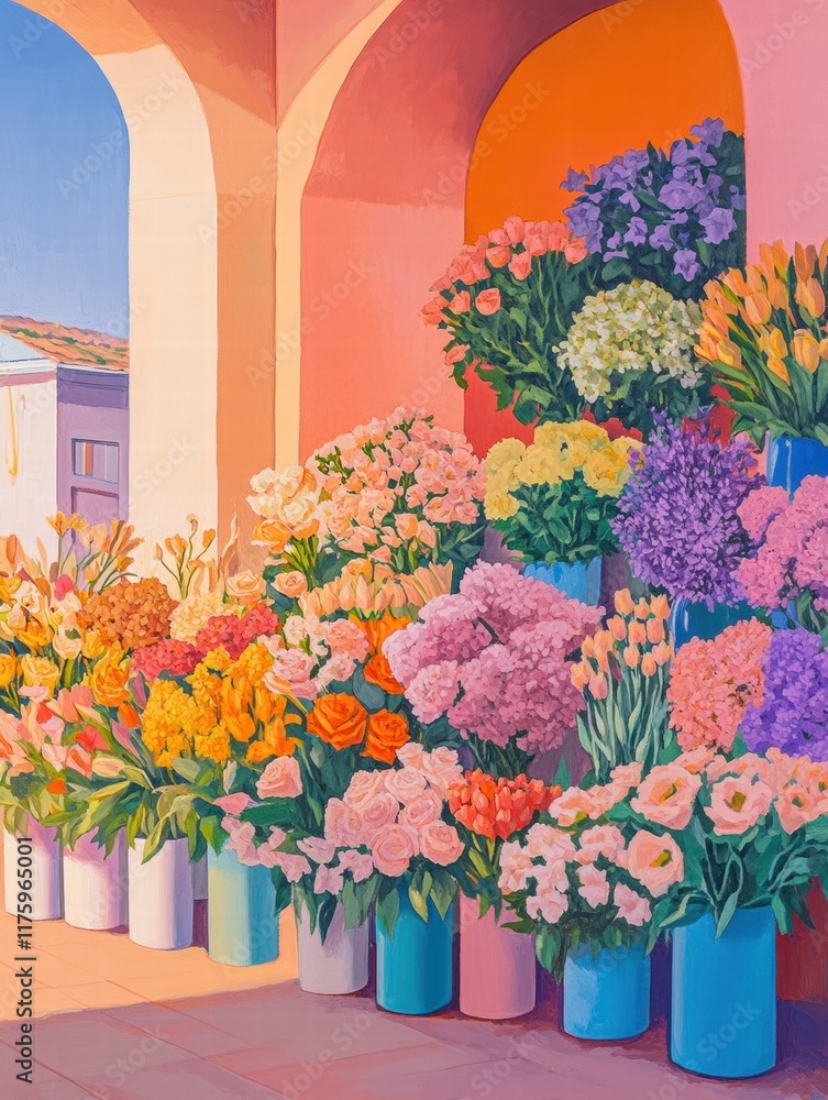 Poster brightly colored flowers displayed in vibrant pots at a market in a sunny location during the aftern