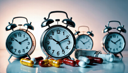 Time management and medication reminder with alarm clocks and various pills on a reflective surface