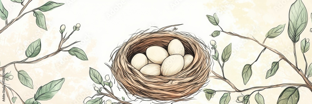 Poster hand drawn doodle of a nest with eggs surrounded by branches and leaves in soft colors and intricate