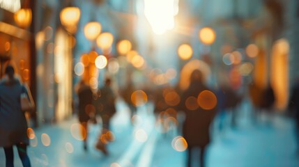 Blurred city street with silhouettes of people, colorful lights, and reflections on a wet pavement. Urban nightlife concept.