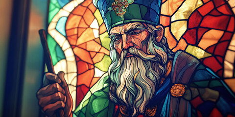 Vivid stained glass depiction of Saint Patrick holding a staff, framed by elaborate green and blue ornamental designs, showcasing intricate craftsmanship in a vibrant religious artwork