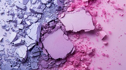 Crashed pink and purple eyeshadow or blushes. Dry facial products or decorative cosmetics advertisement, close-up, copy space. Cosmetic background