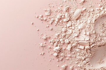Light face powder or foundation on a light pink background. Concept of facial cosmetics advertisement. Powder close-up texture, copy space