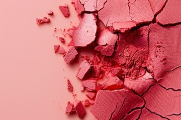 Close-up of crashed of red eyeshadow or blushes on peachy background. Dry facial products or decorative cosmetics advertisement, copy space