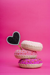 Handmade crocheted donuts with shiny beads. Festive Valentines or Mothers Day, greeting card