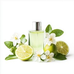 perfume bottle with delicate Bergamot Flowers and fruits stand on isolated on white background
