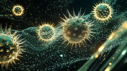 Fototapeta premium Floating virus particles with spiked outer shells, surrounded by shimmering energy waves