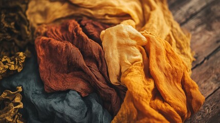 Beautifully Arranged Natural Fabrics in Earthy Tones Perfect for Textiles, Fashion, and Interior Design Inspiration on Rustic Wooden Background