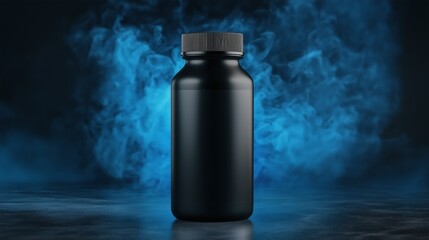 Matte black supplement bottle with a smoky blue background. Modern and bold product branding concept