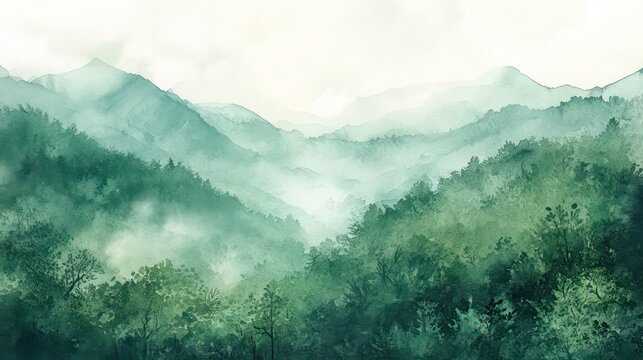 A tranquil watercolor painting depicting a misty mountain range with lush greenery in the foreground. The soft, muted tones create a sense of peace and serenity, symbolizing nature, tranquility, seren