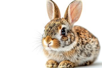 Obraz premium Adorable Young Brown Rabbit Sitting Against White Background