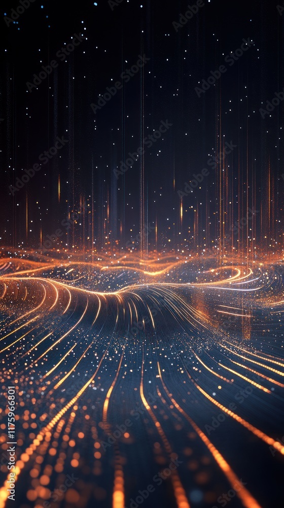 Fototapete Abstract Digital Landscape with Glowing Lines and Stars, Representing Futuristic Technology and Dynamic Motion of Data in 3D Space