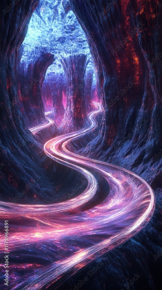Poster surreal and vibrant digital landscape with illuminated winding path through cavernous formations and