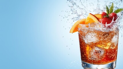 Glass of iced tea with fruits and splashes on blue background. refreshing drink and summer concept