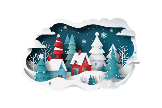 A Merry Christmas composition in paper cut style, with wintery elements like snow, trees, and festive cheer isolated on transparent background