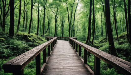 Fototapeta premium Serene wooden pathway winds through lush green forest in tranquil nature setting