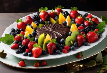 decadent presentation luxurious dark chocolate artistically drizzled over vibrant array fresh colorful fruits, artful, arrangement, appellative, appetizing
