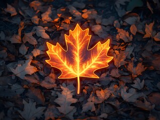 Maple leaf emoji glowing in autumn hues  surrounded by scattered dry leaves