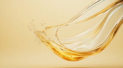 Golden liquid splash with flowing motion on a soft beige background. skincare or luxury product concept