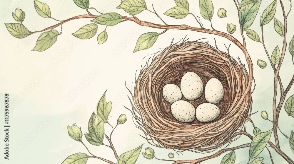 Aufkleber hand drawn doodle of a nest with speckled eggs resting on a branch surrounded by green leaves in a s