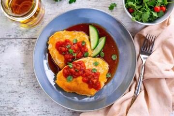 Top view of mustard chicken with tomato sauce