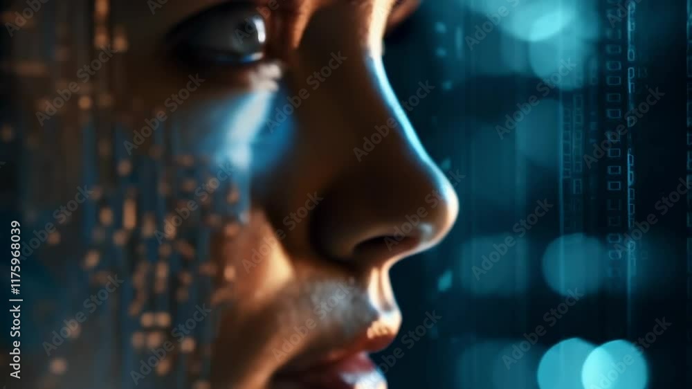 Poster Close up profile of a woman's face partially illuminated by a holographic projection of a circuit board. With binary code streaming in the background. Suggesting interaction with advanced technology