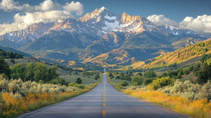 Fototapeta premium A scenic road leads to majestic mountains under a clear sky, showcasing nature's beauty.