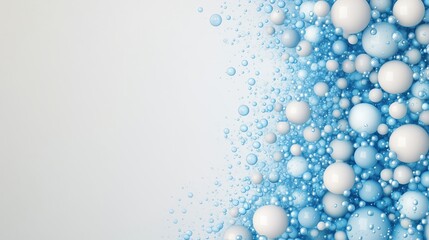 Cluster of blue and white bubbles on light grey background. cleanliness and purity