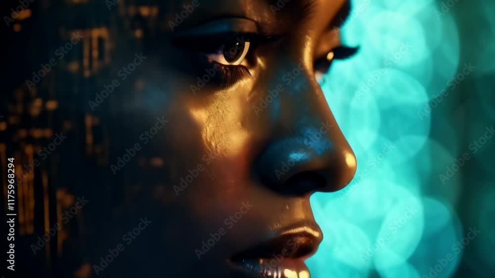 Aufkleber Artificial intelligence is illuminating a young woman's face with golden circuit board pattern, symbolizing facial recognition and biometric security in a technological future