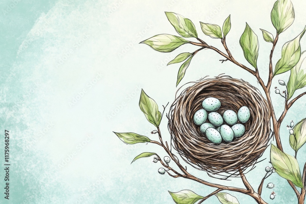 Aufkleber hand drawn doodle of a birds nest with blue eggs resting on a branch surrounded by leaves against a 