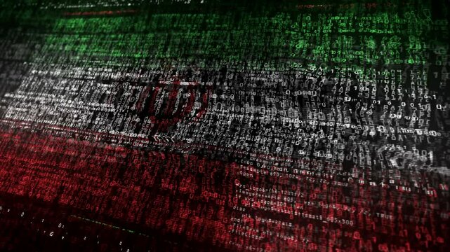 Iran USA flag waving secure code. Iranian blowing banner cyber security attack and hack concept animation.