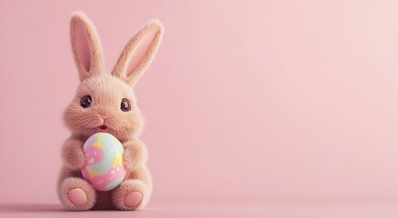 Fototapeta premium Cute Easter Bunny with Colorful Egg on Pink Background