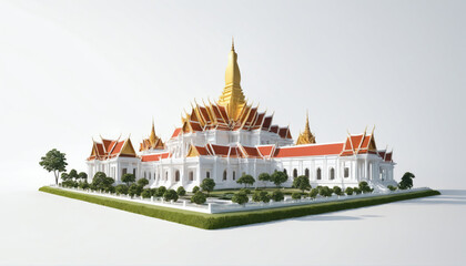 Naklejka premium Intricate architecture of a traditional Thai temple with ornate golden spires and vibrant rooftops surrounded by lush greenery