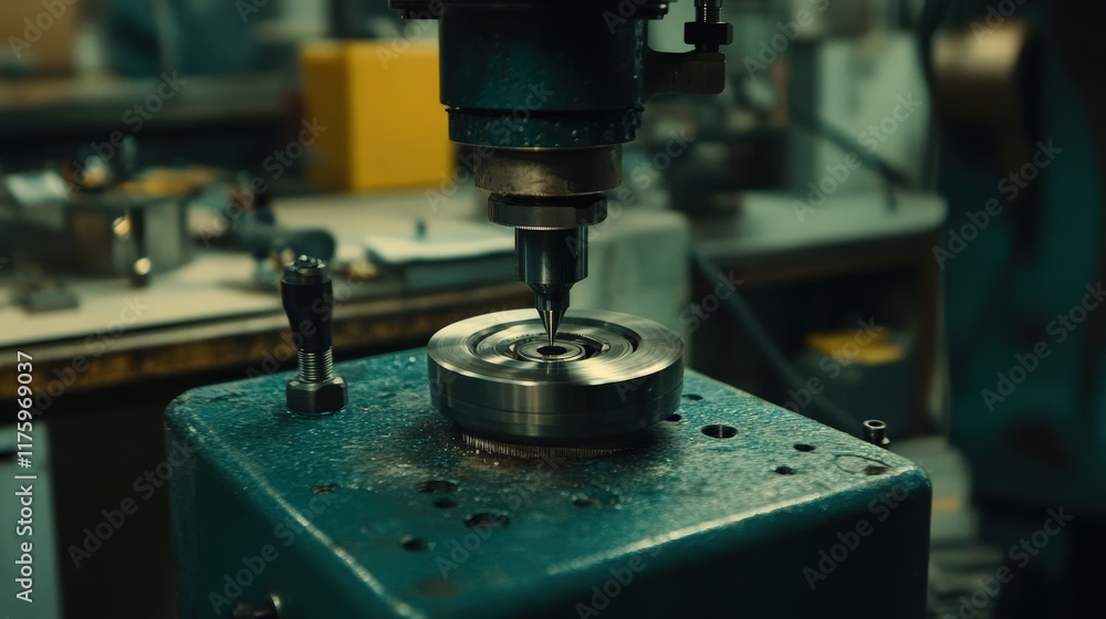 Poster precision machining in a workshop: close-up of a milling machine in action creating intricate metal 